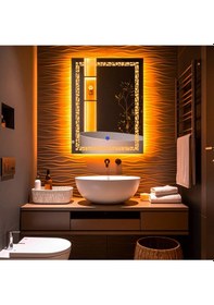 Resim Gleamira Vertical Amber Led'li Lazer Kumlamalı Lavabo & Banyo Aynası Dokunmatik Sensörlü 100 X 75 Cm Turuncu 
