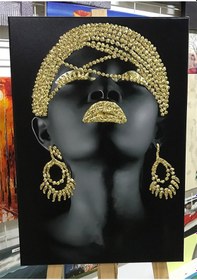 Resim Altın Sim Işlemeli Yukarı Bakan Afrikalı Kadın Kanvas Tablo 