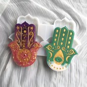 Resim 1 adet Fatima El Tütsü Tutucu Silikon Kalıp - Çift Boşluklu, Hamsa & Nazar Boncuğu Tasarımları Mor & Yeşil Renklerde Altın Vurgularla, Reçine Muska & Altlık Yapım Kiti Ev Dekoru için, Reçine Yapım Kiti|Hamsa Tasarımı|Renkli Reçine Sanatı 