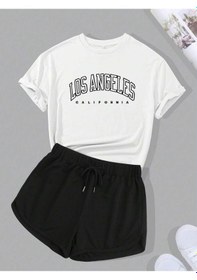 Resim Harmandar Kadın Los Angeles Baskılı T-shirt Şort Takım Beyaz-siyah 