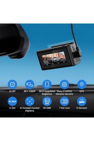 Resim Kawa D11 2 Kameralı Ön / Arka 4K+1080P Sony Starvıs Sensörlü Yapay Zeka Destekli Wi-Fi Gps'li Araç Kamerası 