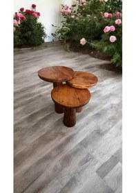 Resim Simillo Wood Wooden Ahşap 3 Lü Set Fitilli Mantar Yan Sehpa Modern Fındık Renk Fiskos Kahverengi 