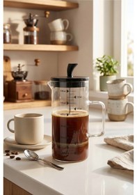 Resim 600ml Borosilikat Cam French Press Isıya Dayanıklı Kahve Ve Bitki Çayı Demleyici Siyah Süzgeçli Şeffaf 