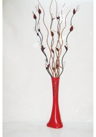 Resim 60 Cm Kırmızı Desenli Vazo Beyaz 5 Adet Üzüm 5 Adet Kahve Dallar 