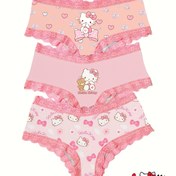 Resim Sanrio için for hello kitty sevimli bowknot for hello kitty sevgi çizgi film baskısı pembe dantel kadın iç çamaşırı 3 adet 