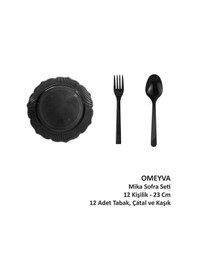 Resim Omeyva 23 Cm. Siyah Sorfa Piknik Seti - Sert Mika Plastik - 12 Kişilik Tabak Çatal Kaşık Takımı 