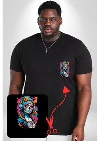 Resim Kulaklık Müzik Dinleyen Kız Siyah Büyük Beden Kadın Basic Minimal Baskılı Tişört Siyah 