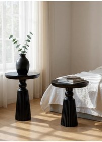 Resim AYLESA Doğal Ahşap 2’li Set Siyah Mantar Yan Sehpa Modern Fiskos Zigon Çiçeklik 