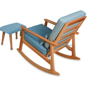 Resim Asedia Iskandinav Naturel Mavi Minderli Puflu Sallanan Sandalye Dinlenme Koltuğu 