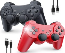 Resim PS3 Denetleyici Kablosuz için 2'li Paket, Sony Playstation 3 Kumandası için, Çift Darbe 3 ve Hareket Sensörlü, Bluetooth, Şarj Edilebilir, 360° Analog Joysticks, 2 USB Şarj Kablosu, PS3 için Uzaktan Kumanda 