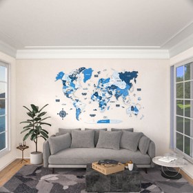Resim Renkli Baskılı Ahşap Dünya Haritası (Navy) - 180x112 cm / İngilizce 
