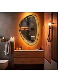 Resim Fractura Asimetrik Led'li Kumlamalı Lavabo & Banyo Aynası Dokunmatik Sensörlü 100 X 65 Cm Turuncu 
