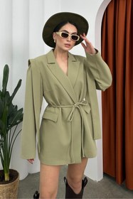 Resim msm fashion Kadın Oversize Blazer Ceket Açık Haki Kuşaklı Omuz Detaylı 