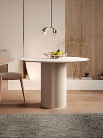 Resim Vintage Yuvarlak Ahşap Bohem Masa 100x100 Krem 