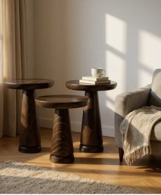 Resim AYLESA Doğal Ahşap 3’lü Set Mantar Yan Sehpa Modern Koyu Ceviz Renk Fiskos Zigon Çiçeklik 