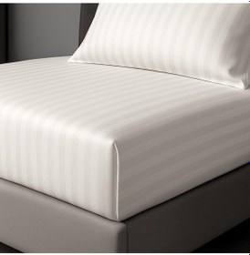Resim Satin Stripe %100 Pamuk Saten Tek Kişilik Çizgili Lastikli Çarşaf Seti Yastıklı 120x200+30 Bej 