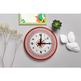 Resim Kanaviçe Nakış Desenli Otantik Duvar Saati Kırmızı 