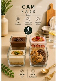 Resim 4 Adet Viana Çok Amaçlı Kare Magnolia Cup Tatlı Çerez Dondurma Kasesi 8x8 Cm Şeffaf 