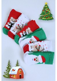Resim Baby Shez Pamuklu 6'lı Yılbaşı Noel Baba Kışlık Havlu Yenidoğan Bebek Çorap "Karışık Renkli" 