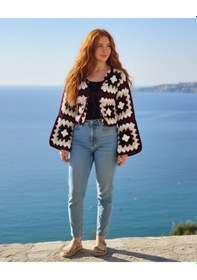 Resim Artepieza Kısa Kesim Bordo Koton İplik Motifli Bolero Hırka-bordo Siyah Krem Renginde Bağlamalı El Örgüsü Kısa Bolero Çok Renkli 