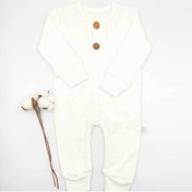 Resim bebekstar Bebek Star Fitilli Iki Düğmeli Uzun Kollu Krem %100 Cotton Bebek Tulumu 