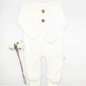 Resim bebekstar Bebek Star Fitilli Iki Düğmeli Uzun Kollu Krem %100 Cotton Bebek Tulumu 