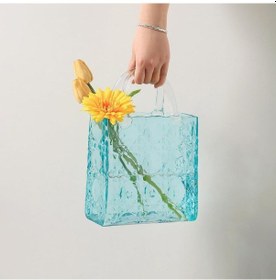 Resim Çanta Vazo Köşeli Model Cam Çiçek Vazosu Dekoratif Mavi Vazo Büyük Boy Glass Bag Vase 