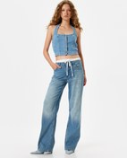Resim Bol Paça Kot Pantolon Çift Bel Detaylı Pamuklu - Straight Fit Jean 