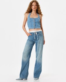 Resim Bol Paça Kot Pantolon Çift Bel Detaylı Pamuklu - Straight Fit Jean 