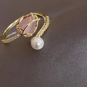 Resim Kadınlar için Altın Tonlu Paslanmaz Çelik Lale Tomurcuk ve Yüzük - Noel, Sevgililer Günü, Yeni Yıl İçin Zarif Çiçek Takısı Hediyesi - Kadınlar, Anneler, Gençler 15+ İçin Mükemmel 
