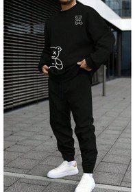 Resim Uyguntarz Unisex Draw Bear Baskılı Bisiklet Yaka Sweatshirt - 2'li Eşofman Takımı Siyah 