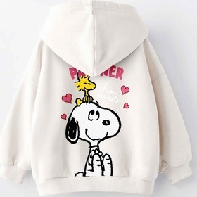Resim Kız Çocuk Snoopy Baskılı Kapüşonlu Manşetli Sweatshirt Krem 