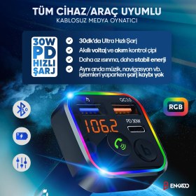 Resim 30W Pd Hızlı Şarj 5.0 Bluetooth Mp3 Çakmaklık Rgb Işıklı LED Ekran USB Araç Fm Transmitter Çakmaklık Pd Type-C Giriş 