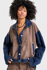 Resim Kadın Kahve Kot Rengi Süet Denim Parçalı Özel Tasarım Denim Ceket - Kahve / XS 