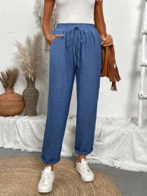 Resim Nova Bazaar Kadın Yüksek Bel Lastikli Belde Bağcık Detaylı Aerobin Pantolon Mavi 