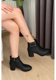 Resim Kadın Trend Siyah Kare Tokalı 6 Cm Topuklu Oval Burun Bot Siyah 2 