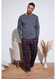 Resim Buratti Ekoseli Pamuklu Beli Lastikli Regular Fit Uzun Kollu Erkek Pijama Takımı 6572003 Füme 