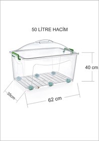 Resim Büyük Dev 6 Tekerlekli 50 Lt. Kapaklı Sızdırmaz Şeffaf Plastik Kiler Fanus Saklama Kabı Kutusu Dolap 