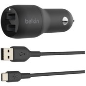 Resim Belkin 24W Hızlı Araç Şarj Cihazı 2 Port USB Siyah+Type-C kablo 