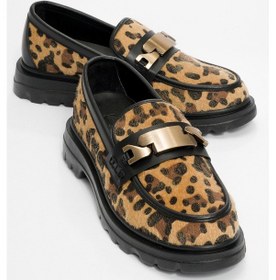 Resim Pray Siyah Sarı Desenli Tokalı Kadın Loafer Ayakkabı Leopar 