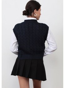 Resim Giysa Kadın Lacivert V Yaka Saç Örgü Desenli Crop Triko Süveter - 4007 Lacivert 