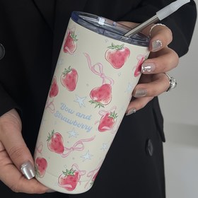 Resim 1 adet Çilek & Fiyonk Tasarımlı 20oz Paslanmaz Çelik Yalıtımlı Tumbler - Çift Duvarlı, İçecekleri Sıcak veya Soğuk Tutuyor, Seyahat & Dış Mekan Kullanımı İçin İdeal, Kapaklı & Kaşıklı Yeniden Kullanılabilir Kahve Fincanı, Mükemmel Tatil Hediyesi, Sadece Elde Yıkama 