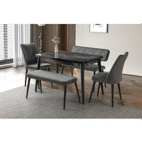 Resim Mobilgen Siyah Mermer 2 Adet Nova Sandalye - 1 Adet Atlanta Sırtlı Bench - 1 Adet Atlanta Sırtsız Be Siyah Mermer 