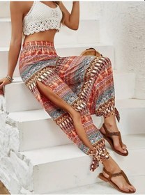 Resim Leyla Sanat Sanata Yeni Bir Bakış Açısı Kadın Yüksek Belli Yanlardan Yırtmaç Detaylı Desenli Bürümcük Pantolon Çok Renkli 