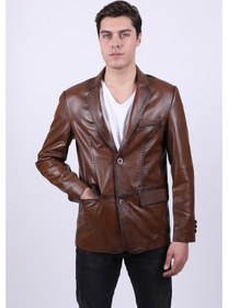 Resim Erkek Kahverengi Blazer Deri Ceket Kahverengi 