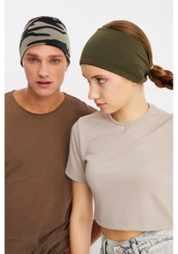 Resim 2'li Çift Taraflı Kullanım Alternatifli Pamuklu Penye, Kaymaz, Hafif, Spor Saç Bandı Bandana - Tek Ebat / Haki -kamuflaj Haki -kamuflaj 