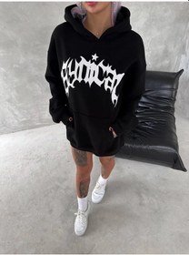 Resim Unisex Üç İplik Kapüşonlu Baskılı Sweatshirt - Siyah Çok Renkli 