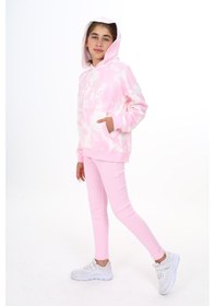 Resim Toontoy Kids Toontoy Kız Çocuk 2'li Takım Baskılı Kapüşonlu Düşük Omuz Cepli Sweatshirt & Basic Düz Tayt Pembe 