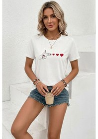 Resim Kadın Minimal Kalp İşaret Baskılı Tişört Kısa Kol Yazlık T-shirt - Beyaz 