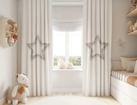 Resim Halı Vagonu HV234 Gümüş Yıldızlı Desen Çocuk Odası Kadife Kumaş Fon Perde - 140x200 / Çift Kanat 